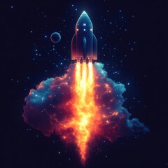 Naklejka premium A futuristic rocket launching into space, surrounded by vibrant clouds and stars.