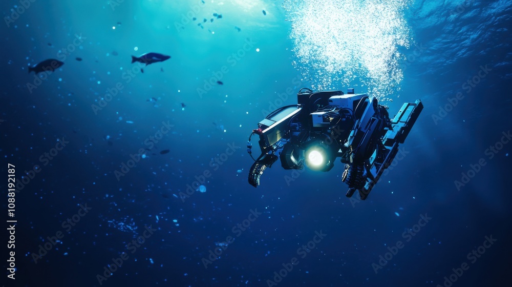 Poster a robot performing underwater welding on an oceanic research platform, deep-sea setting with aquatic