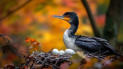 Naklejka premium Cormorant bird on nest with eggs, autumn leaves background.