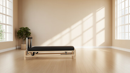 Empty pilates studio with reformer and sunlight streaming through windows