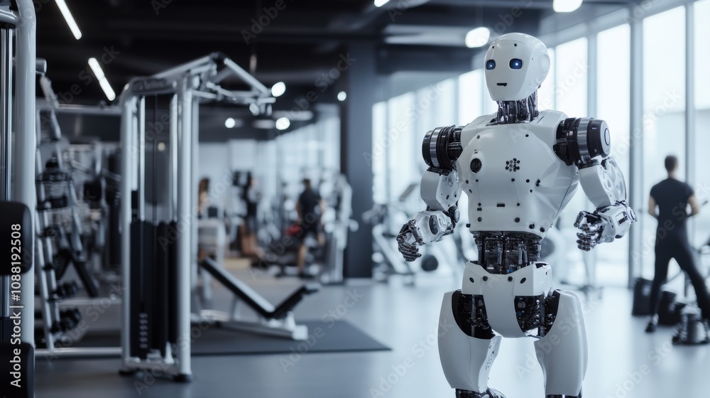 Aufkleber A robot providing personalized fitness training in a high-tech gym, dynamic and energetic setting with exercise machines and fitness enthusiasts, Fitness Training Robotics style