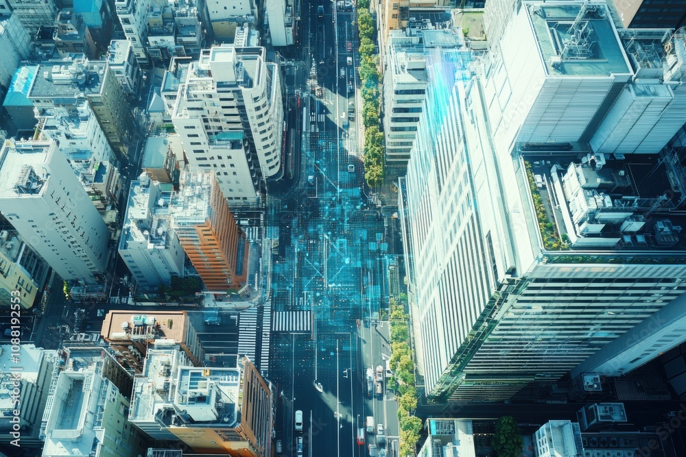 Fototapete Advanced network technology connects buildings in a futuristic urban environment, showcasing modern architecture and smart city planning. Generative AI