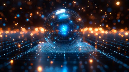 Up close display of an advanced quantum computer with metal spheres and geometric patterns, emitting blue light beams, a grid like structure in the background, and wires connecting various points