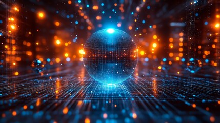 Obraz premium Up close display of an advanced quantum computer with metal spheres and geometric patterns, emitting blue light beams, a grid like structure in the background, and wires connecting various points