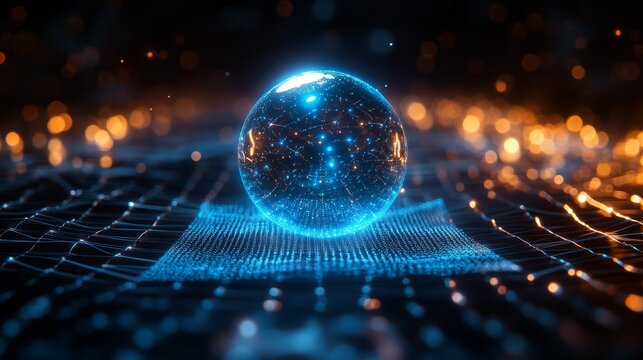 Up close display of an advanced quantum computer with metal spheres and geometric patterns, emitting blue light beams, a grid like structure in the background, and wires connecting various points