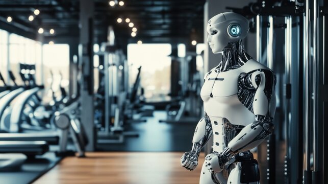 A robot providing personalized fitness training in a high-tech gym, dynamic and energetic setting with exercise machines and fitness enthusiasts, Fitness Training Robotics style
