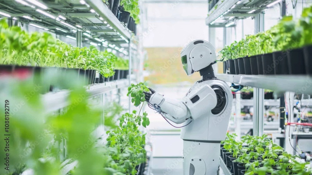 Poster A robot tending to plants in a vertical hydroponic farm, modern and efficient setting with stacked plants and irrigation systems, Agricultural Robotics style