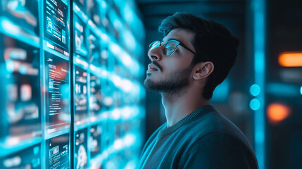 It specialist analyzing big data on multiple monitors, working in a data center