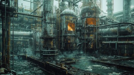 A dilapidated industrial site with rusted machinery, smoke, and fires, depicting a haunting post-apocalyptic atmosphere.