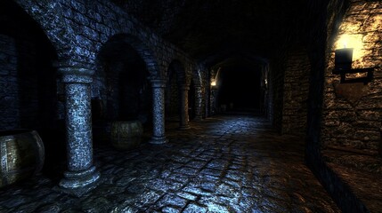 Fototapeta premium Dark, stone corridor with arches, columns, and barrels.