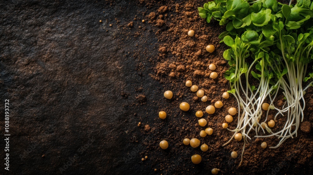 Poster Sprouts and seeds are scattered on dark soil, showcasing the beginning stages of plant growth and nature's lifecycle unfolding. Generative AI