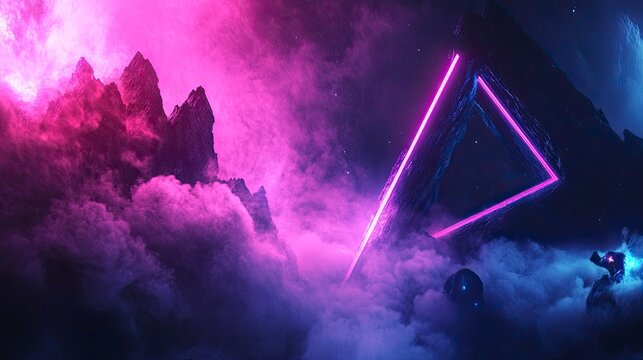 Vibrant cosmic landscape with neon elements and mysterious mountains