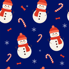 Snowmen, candy canes, and snowflakes seamless pattern on dark blue background. 