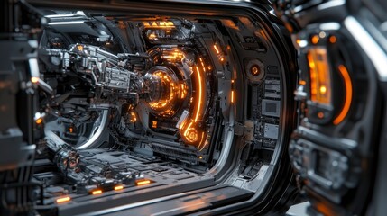 Fototapeta premium Futuristic interior of a sci-fi spaceship with glowing elements and machinery