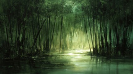 Obraz premium Serene forest landscape with a winding river and soft lighting