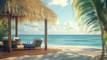 Tropical beach cabana overlooking calm ocean with clear blue skies