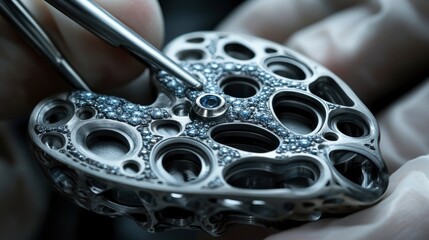 Intricate design of a watch component with blue gemstones and silver metal