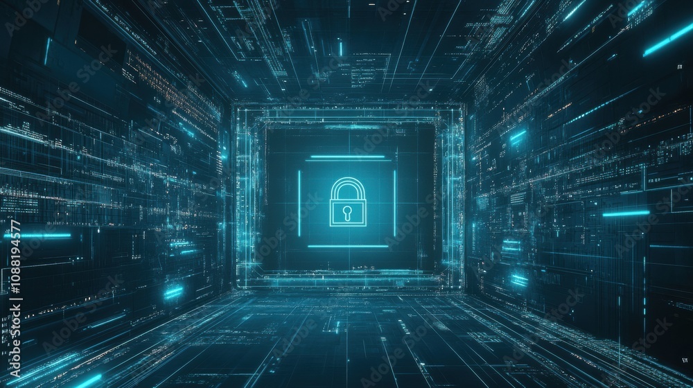 Fototapete A central lock icon appears on a digital workspace, surrounded by glowing lines and binary patterns that emphasize cybersecurity features. Generative AI