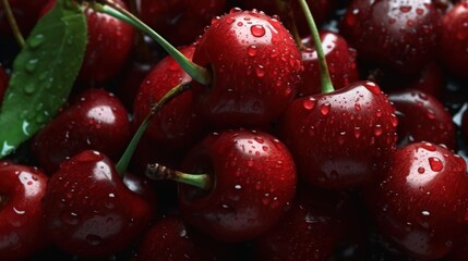 Fresh Red Cherries with Water Drops