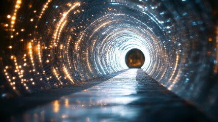 Futuristic bright white light tunnel with glowing tube structures, creating a sleek and...