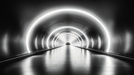 Futuristic bright white light tunnel with glowing tube structures, creating a sleek and...