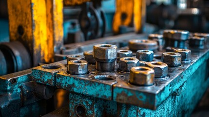 A close-up view of industrial nuts and bolts on a workshop table, showcasing their metallic texture and the surrounding machinery in a factory setting.