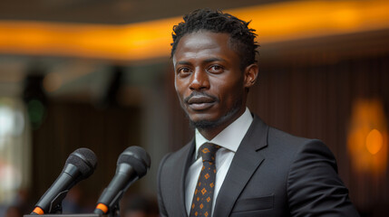 Naklejka premium Confident, Stylish African Businessman Addressing Audience, Delivering A Speech At Conference