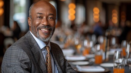 Obraz premium Successful, Confident Black Businessman Smiling at Upscale Restaurant, Business Leader Portrait