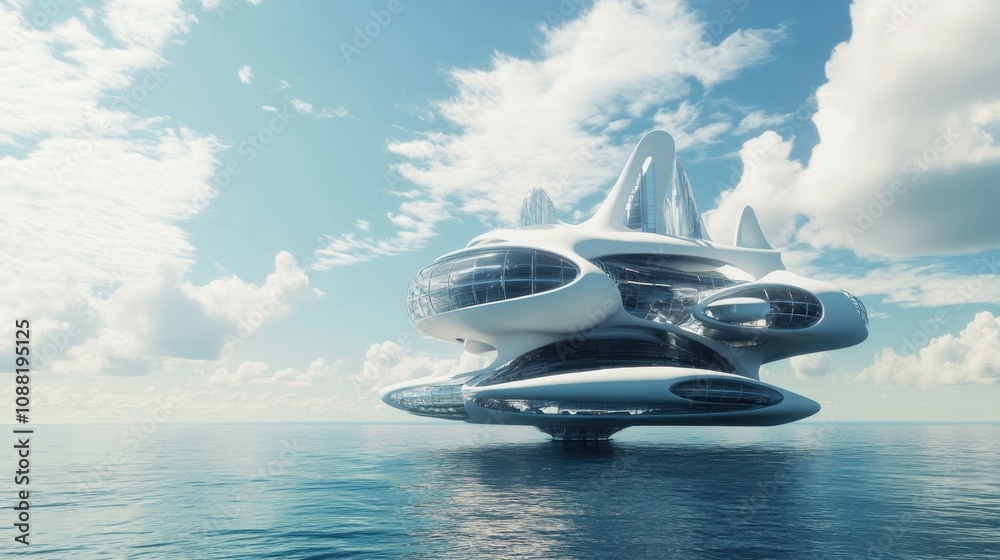 Poster A robotic architect designing floating cities for sustainable living on the open ocean, architectural and marine setting with futuristic floating structures and ocean views