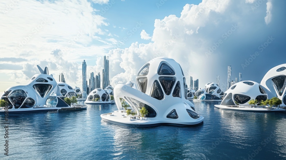 Poster A robotic architect designing floating cities for sustainable living on the open ocean, architectural and marine setting with futuristic floating structures and ocean views