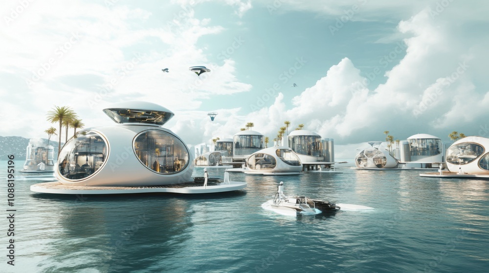 Poster A robotic architect designing floating cities for sustainable living on the open ocean, architectural and marine setting with futuristic floating structures and ocean views