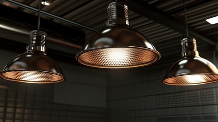 Obraz premium Three modern industrial pendant lights illuminating a stylish interior space