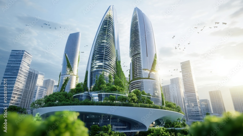 Poster a robotic architect designing sustainable skyscrapers in a bustling megacity, architectural and urba