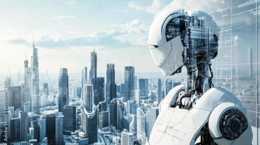 Poster a robotic architect designing sustainable skyscrapers in a green city of the future, eco-friendly an