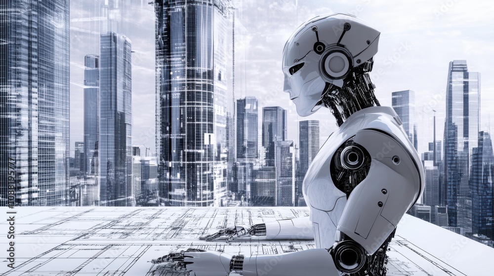 Poster a robotic architect designing sustainable skyscrapers in a green city of the future, eco-friendly an