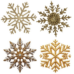 Set of Golden Snowflakes with Glittery Details on Black Background, Elegant and Decorative Winter Elements for Festive Designs