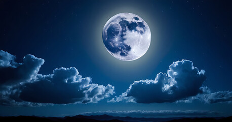  Full moon shining brightly in the night sky, casting a gentle glow on the clouds and landscape below. Perfect for nature, astronomy, or nighttime-themed projects.