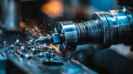 A close-up of a metalworking lathe cutting metal, with sparks flying and shavings being produced, highlighting precision and craftsmanship in manufacturing.