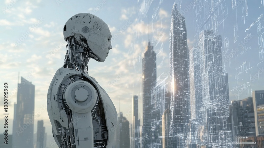 Poster A robotic architect designing sustainable skyscrapers in a green city of the future, eco-friendly and architectural setting with green buildings and renewable energy systems