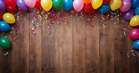 Festive party background with colorful balloons and confetti against a rustic wooden backdrop. Perfect for birthdays, celebrations, or joyful occasions.