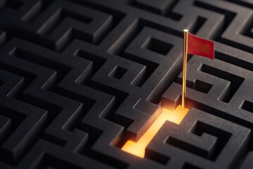 effort hard work and organization, A red flag stands at the end of a maze, symbolizing achievement and success after navigating challenges.