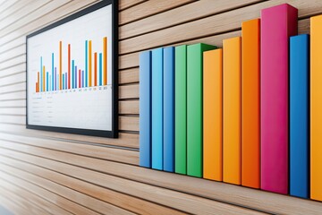 Obraz premium effort hard work and organization, A vibrant display of bar charts and colorful graphs on a wooden wall, showcasing data visualization in a modern office environment.