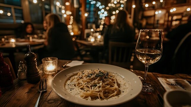 Cozy restaurant ambiance with pasta and wine on a wooden table