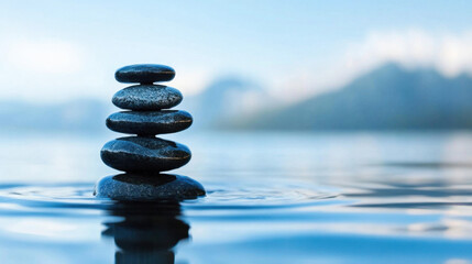 Calm water with stacked black stones symbolizes balance and tranquility. This serene scene evokes mindfulness and peace, perfect for relaxation and meditation