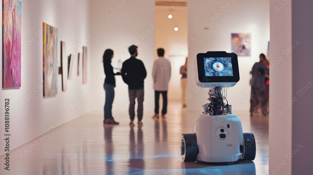 Poster A robotic artist creating interactive digital installations in a contemporary art gallery, artistic and interactive setting with digital art installations and gallery visitors