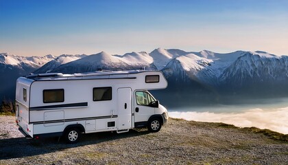 Modern RV on a cliffside with breathtaking views of snow capped mountains and sky. Generative AI