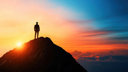 Obraz premium person stands on mountain peak at sunset, symbolizing achievement and inspiration. vibrant colors of sky create dramatic backdrop, evoking feelings of hope and ambition