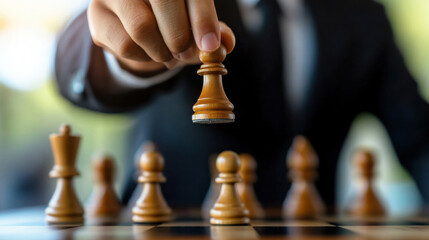 person in suit strategically moves chess piece on board, symbolizing business mindset and leadership. focus is on pawn, representing risk taking and decision making
