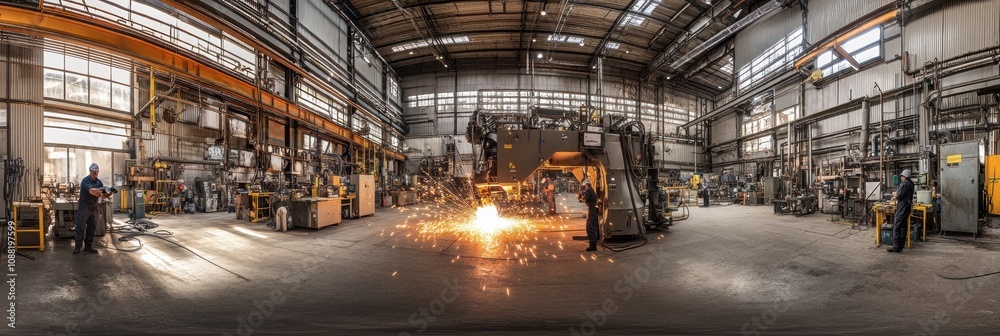Poster in an expansive workshop, skilled workers are focused on welding, generating bright sparks amidst va