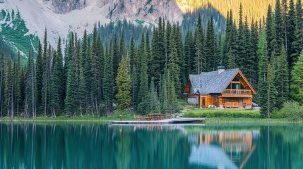 Obraz premium Serene lakeside cabin surrounded by tall trees and mountains